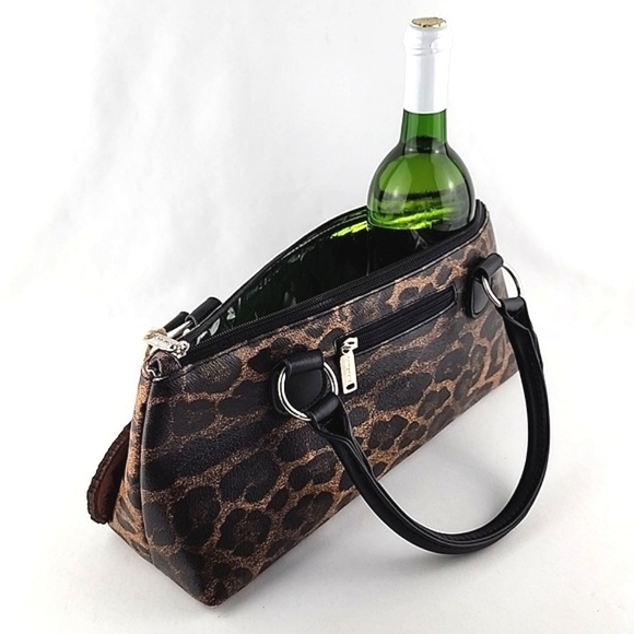NWT Primeware Black Faux Leather Leopard Print Insulated Wine Bottle Lunch Bag - Picture 9 of 11